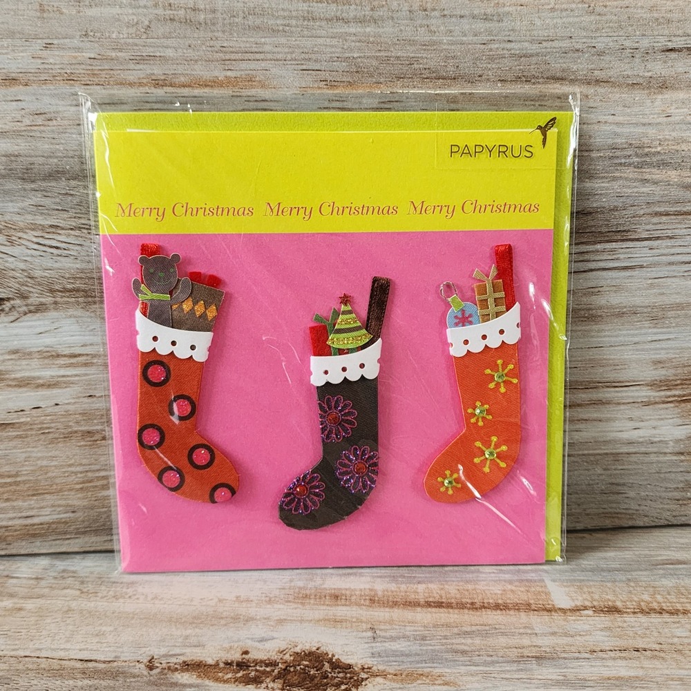 Papyrus Christmas Card 3D Felt Stockings Teddy Bear Tree Sequins 07086610